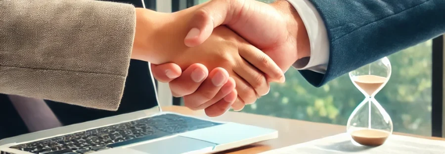 Consultant and client shaking hands after successful timeshare exit