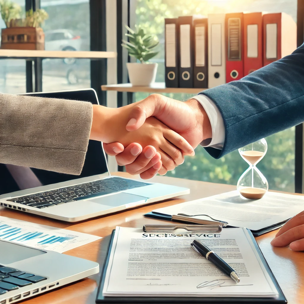 Consultant and client shaking hands after successful timeshare exit