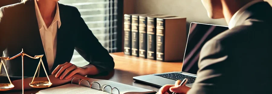 Lawyer consulting with a client at an office desk
