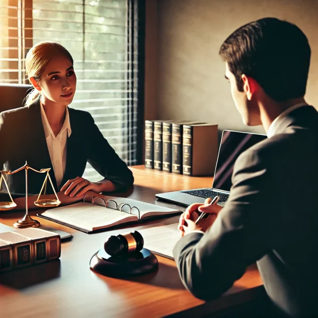 Lawyer consulting with a client at an office desk